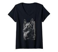 Femme Motif Malinois Belge T-Shirt avec Col en V
