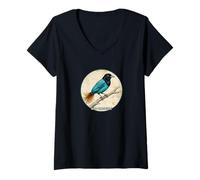 Femme Motif Oiseau de Paradis Bleu rétro coloré T-Shirt avec Col en V