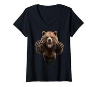 Femme Motif Ours Grizzly sautant féroce T-Shirt avec Col en V