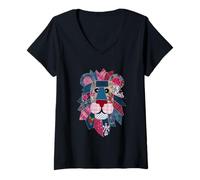 Femme Motif Patchwork Lion coloré T-Shirt avec Col en V
