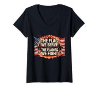 Femme Motif Patriotique Pompier The Flag We Serve T-Shirt avec Col en V