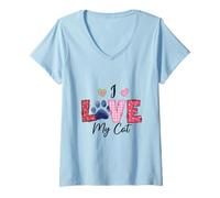 Femme Motif Patte de Chat I Love My Cat T-Shirt avec Col en V