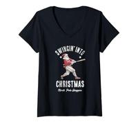 Femme Motif Père Noël Amusant Swingin' Into Christmas T-Shirt avec Col en V