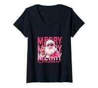 Femme Motif Père Noël Rose avec Gomme T-Shirt avec Col en V