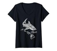 Femme Motif Requin Tribal hawaïen île polynésienne T-Shirt avec Col en V