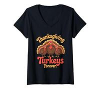Femme Motif rétro de Thanksgiving Turkeys Forever T-Shirt avec Col en V