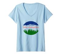 Femme Motif rétro de Vacances Nature du lac Champlain T-Shirt avec Col en V