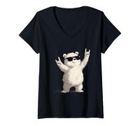 Femme Motif Rock on Bear avec Lunettes de Soleil T-Shirt avec Col en V