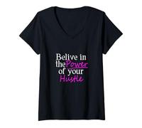 Femme Motif Rose « Believe in Your Hustle » T-Shirt avec Col en V