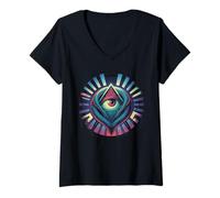 Femme Motif Symbole Triangle œil Qui voit Tout T-Shirt avec Col en V