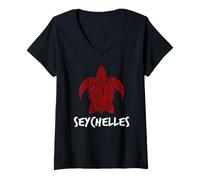 Femme Motif Tortue des Seychelles Tribal océan île T-Shirt avec Col en V
