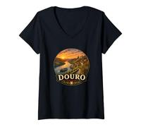 Femme Motif Vintage du fleuve Douro Portugal T-Shirt avec Col en V