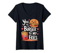 Femme Motif « You are The Burger to My Fries » T-Shirt avec Col en V