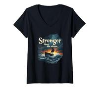 Femme Motivation de Foi chrétienne Stronger Than The Storm T-Shirt avec Col en V