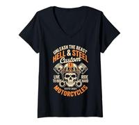 Femme Moto Crâne et Piston Crossbones pour homme T-Shirt avec Col en V