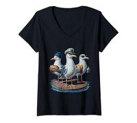 Femme Mouette Capitaine Drôle Oiseaux Volent Frites Et Sandwich T-Shirt avec Col en V