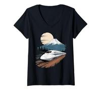 Femme Mount Fuji Bullet Train Shinkansen Japan View T-Shirt avec Col en V