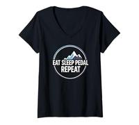 Femme Mountain Biking Cyclist Eat Sleep Pedal Repeat T-Shirt avec Col en V