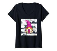Femme Mountain Hike GNOME with Pine Tree Pattern for Hiking Mom T-Shirt avec Col en V
