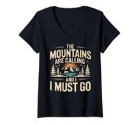 Femme Mountains are Calling & I Must Go Retro 80s 90s Vibe T-Shirt avec Col en V