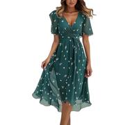 Femme Mousseline Robe d'été Longue Elégante A-Line Robes col V à Volants avec Ceinture Robe Mi Longue Femme Manches Courtes Ete Plage Boheme Chic Fleurie Robes de Soirée Cocktail Mariée