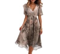 Femme Mousseline Robe d'été Longue Robes Elégante A-Line Taille Empire Maxi Robe Col V à Volants Chic et Elegant Imprimé Idee Cadeau Femme,Light Brown,M,f457r