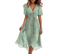 Femme Mousseline Robe d'été Longue Robes Elégante A-Line Taille Empire Maxi Robe Col V à Volants Chic et Elegant Imprimé Cadeau de Ma Mère,Menthe Verte,M,f462r