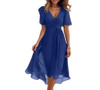Femme Mousseline Robe d'été Longue Robes Elégante A-Line Taille Empire Maxi Robe Col V à Volants Chic et Elegant Imprimé Cadeau de la Fête des Mères,Bleu,L,f440r