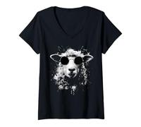 Femme Mouton avec Lunettes de Soleil Blanc Splash Art T-Shirt avec Col en V