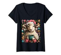 Femme Mouton de Noël avec Bonnet de Père Noël, Biscuits au Cacao, Animal drôle T-Shirt avec Col en V