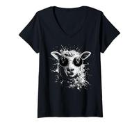 Femme Mouton Portant des Nuances Splash Art Grunge T-Shirt avec Col en V