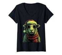 Femme Mouton Punk avec Lunettes de Soleil Chapeau de Père Noël Bascule Animal de Noël T-Shirt avec Col en V