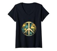 Femme Mouvement Classique Vintage avec Message « Earth Peace Better World » T-Shirt avec Col en V