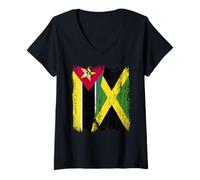 Femme Mozambique Jamaïque Demi Drapeau Mozambicain Patrimoine jamaïcain T-Shirt avec Col en V