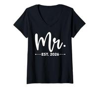 Femme Mr. Est. 2026 Just Married Promoted to Mr and Mrs Matching T-Shirt avec Col en V