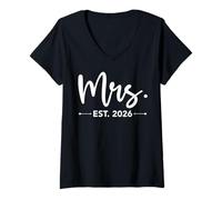 Femme Mrs. Est. 2026 Just Married Promoted to Mr and Mrs Matching T-Shirt avec Col en V