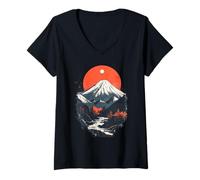 Femme Mt Fuji Japon Nature Coucher de Soleil Rivière Encre Style T-Shirt avec Col en V