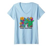 Femme MTV 70s Logo de la télévision Motif Fleurs Exotiques T-Shirt avec Col en V