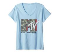 Femme MTV Camouflage Print Logo T-Shirt avec Col en V