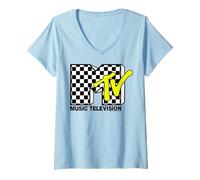 Femme MTV Classic Checkerboard and Neon Yellow Logo T-Shirt avec Col en V