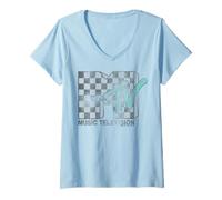 Femme MTV Distressed Checkerboard and Tea Logo Retro T-Shirt avec Col en V