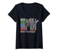 Femme MTV Distressed Global Flag Mosaic Logo T-Shirt avec Col en V