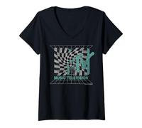 Femme MTV Distressed Grid and Warped Checkerboard Logo T-Shirt avec Col en V