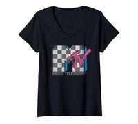 Femme MTV Distressed Vintage Checkerboard Logo Music Television T-Shirt avec Col en V