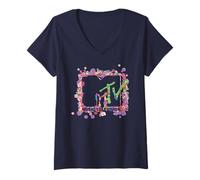 Femme MTV Flower 90s Riot Grrrl Logo de la télévision Musicale T-Shirt avec Col en V