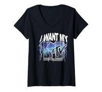 Femme MTV I Want My MTV Blue Lightning Bolt T-Shirt avec Col en V