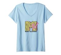 Femme MTV Logo Cheetah Print with Pink Accents Retro TV T-Shirt avec Col en V