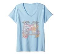 Femme MTV Pastel Beach with Palms and Hibiscus Flowers Retro T-Shirt avec Col en V