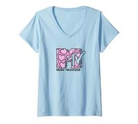 Femme MTV Pink Heart Filled Logo Valentine's Day Music Television T-Shirt avec Col en V