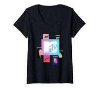 Femme MTV Retro Glitch Computer Screens Music Television T-Shirt avec Col en V